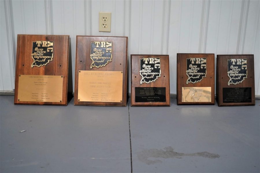 The+trophy+plaques+from+CHSs+five+girls+basketball+TRAC+championships.