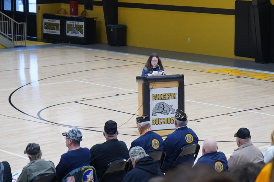 Sixth Grader Jay Henson reading her essay at the Cannelton City Schools annual Veterans Day Program. November 11, 2020.