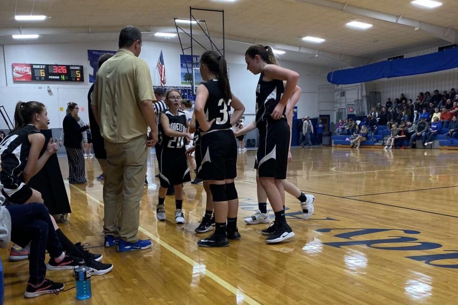 Coach Evans and Coach Hale talk to the team during a timeout. December 4, 2019.