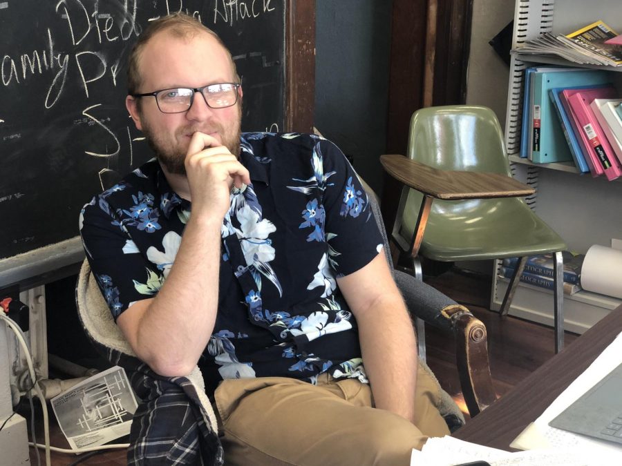 Mr. Parr wearing another brand new Tropical Thursday shirt, featuring a floral print in shades of blue.